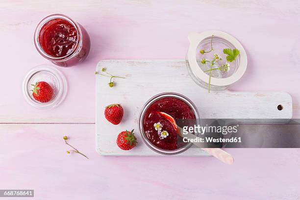 strawberry jam, open glas - strawberry jam stock pictures, royalty-free photos & images