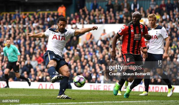 Mousa Dembele of Tottenham Hotspur scores his sides first goal during the Premier League match between Tottenham Hotspur and AFC Bournemouth at White...