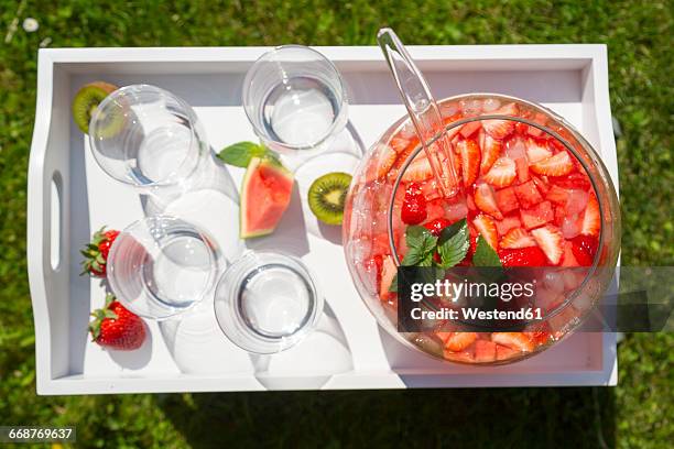 watermelon strawberry kiwi bowle on tray - bowle stock-fotos und bilder