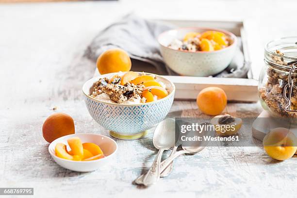 yogurt with crunchy muesli and fresh apricot - yoghurt stock pictures, royalty-free photos & images