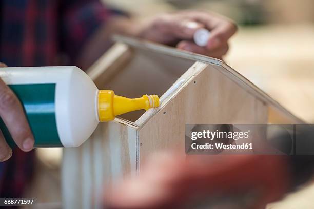 man working with glue on birdhouse - glue stock pictures, royalty-free photos & images
