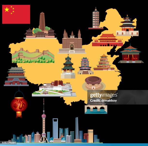 cartoon map of china - taiyuan stock illustrations