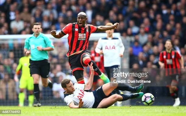 Benik Afobe of AFC Bournemouth is fouled by Jan Vertonghen of Tottenham Hotspur during the Premier League match between Tottenham Hotspur and AFC...