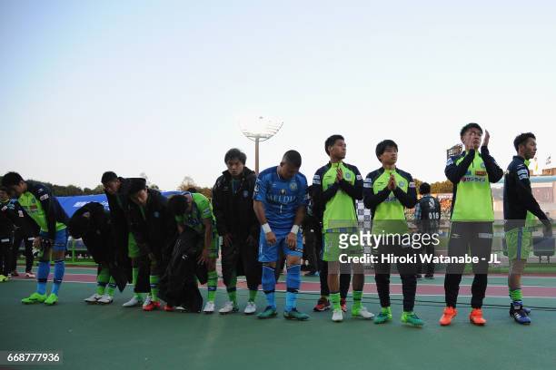 Shonan Bellmare players applaud supporters after the 3-3 draw in the J.League J2 match between Shonan Bellmare and FC Gifu at Shonan BMW Stadium...