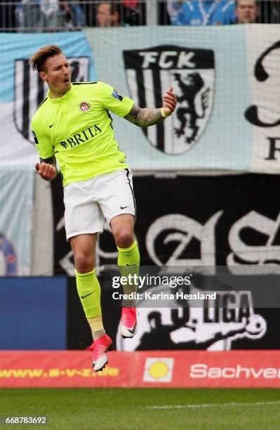 Manuel Schaeffler of Wiesbaden celebrates the third goal during the Third League Match between Chemnitzer FC and SV Wehen Wiesbaden on April 15, 2017...