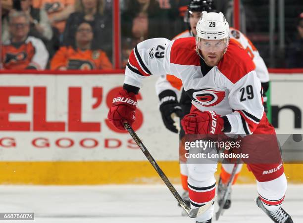 Bryan Bickell of the Carolina Hurricanes skates against the Philadelphia Flyers on April 9, 2017 at the Wells Fargo Center in Philadelphia,...