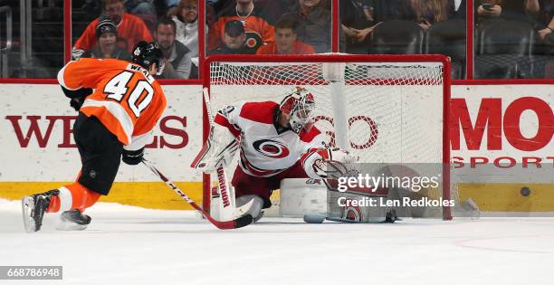 Jordan Weal of the Philadelphia Flyers shoots the puck wide of goaltender Eddie Lack of the Carolina Hurricanes during the shootout on April 9, 2017...