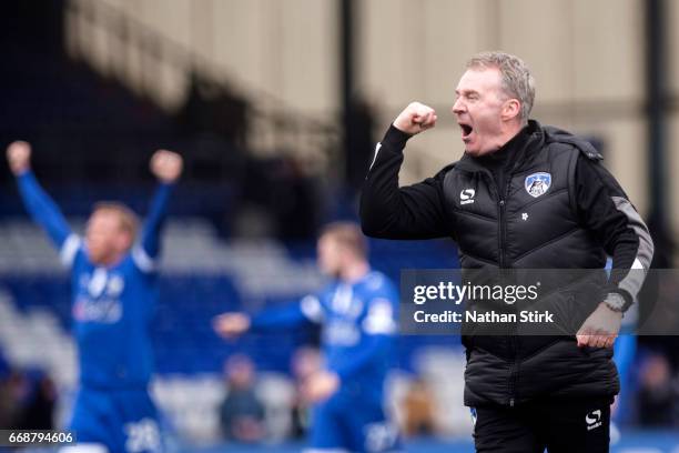 John Sheridan manager of Oldham Athletic celebrates after the Sky Bet League One match between Oldham Athletic and Bolton Wanderers at Boundary Park...