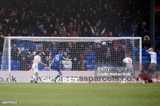 Lee Erwin of Oldham Athletic scores during Sky Bet League One match between Oldham Athletic and Bolton Wanderers at Boundary Park on April 15, 2017...