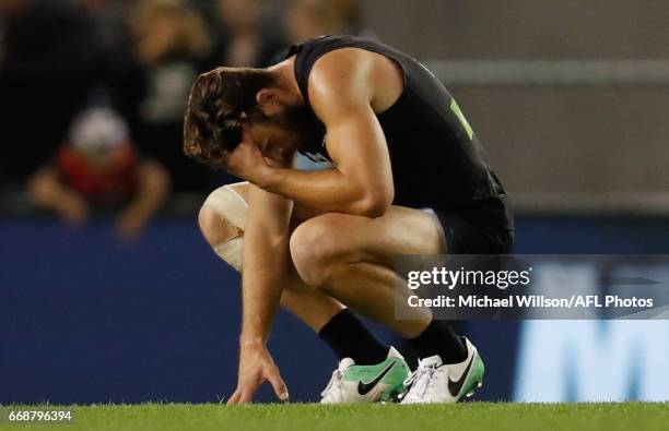 Levi Casboult of the Blues looks dejected after a loss during the 2017 AFL round 04 match between the Carlton Blues and the Gold Coast Suns at Etihad...