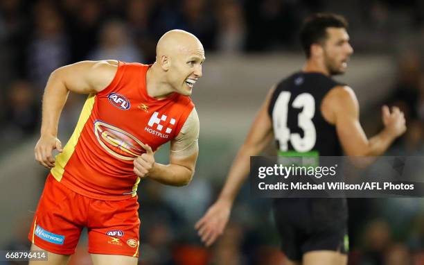 Gary Ablett of the Suns looks on at a shot on goal during the 2017 AFL round 04 match between the Carlton Blues and the Gold Coast Suns at Etihad...