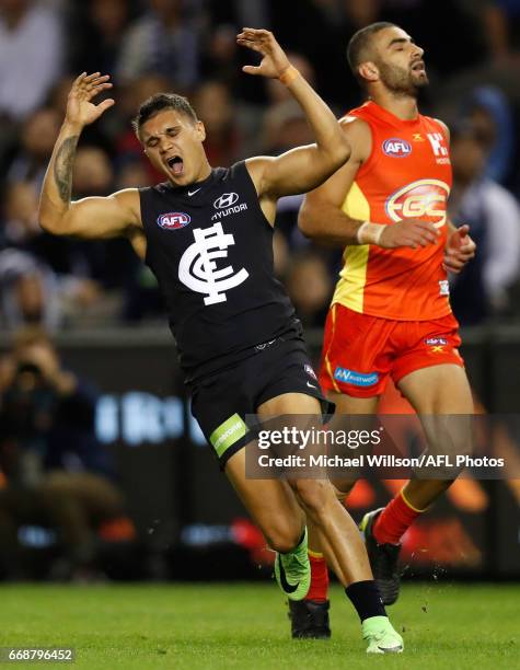 Jarrod Pickett of the Blues rues a missed shot on goal during the 2017 AFL round 04 match between the Carlton Blues and the Gold Coast Suns at Etihad...