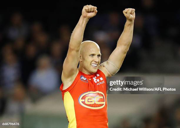 Gary Ablett of the Suns celebrates a goal during the 2017 AFL round 04 match between the Carlton Blues and the Gold Coast Suns at Etihad Stadium on...