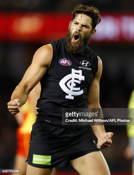Levi Casboult of the Blues celebrates a goal during the 2017 AFL round 04 match between the Carlton Blues and the Gold Coast Suns at Etihad Stadium...