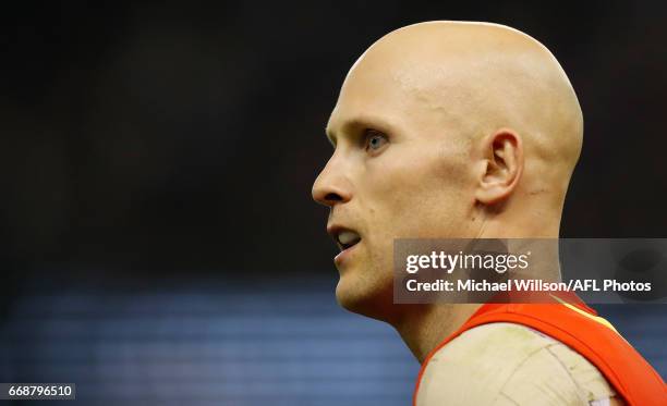 Gary Ablett of the Suns looks on during the 2017 AFL round 04 match between the Carlton Blues and the Gold Coast Suns at Etihad Stadium on April 15,...