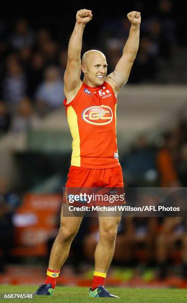 Gary Ablett of the Suns celebrates a goal during the 2017 AFL round 04 match between the Carlton Blues and the Gold Coast Suns at Etihad Stadium on...