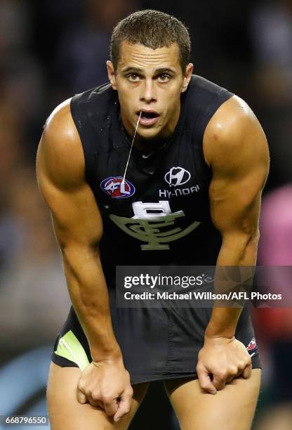 Ed Curnow of the Blues looks on during the 2017 AFL round 04 match between the Carlton Blues and the Gold Coast Suns at Etihad Stadium on April 15,...