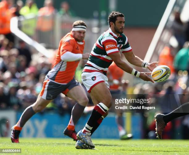 Maxime Mermoz of Leicester passes the ball during the Aviva Premiership match between Leicester Tigers and Newcastle Falcons at Welford Road on April...
