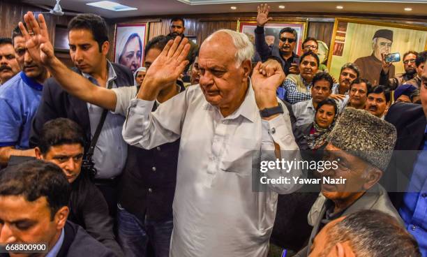 Former Chief Minister and National Conference patron Farooq Abdullah, addresses a press conference at his party headquarters after winning the...