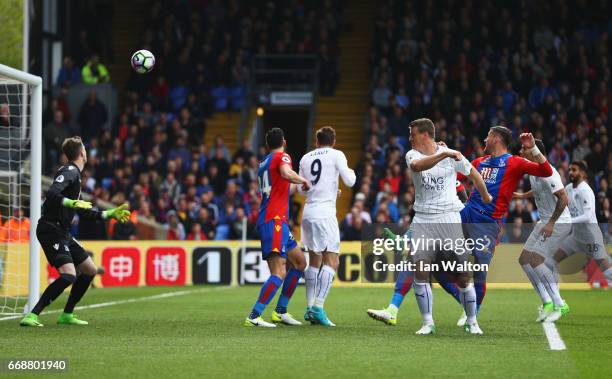 Robert Huth of Leicester City scores his sides first goal during the Premier League match between Crystal Palace and Leicester City at Selhurst Park...