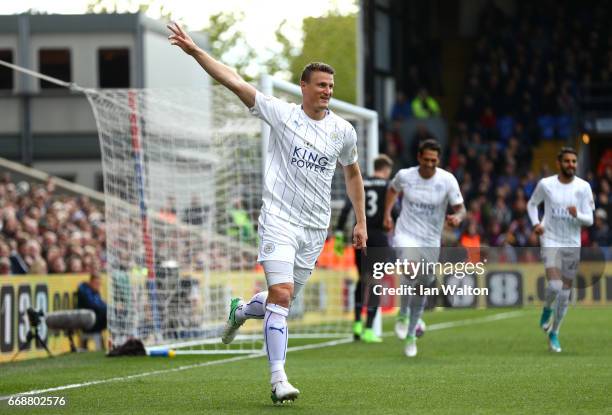 Robert Huth of Leicester City celebrates scoring his sides first goal during the Premier League match between Crystal Palace and Leicester City at...