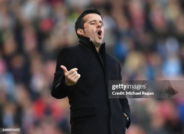 Marco Silva, Manager of Hull City reacts during the Premier League match between Stoke City and Hull City at Bet365 Stadium on April 15, 2017 in...