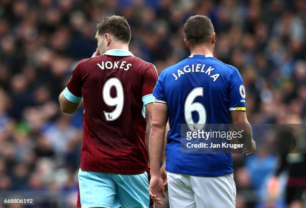 The shirts of Sam Vokes of Burnley and Phil Jagielka of Everton for the number '96' during the Premier League match between Everton and Burnley at...