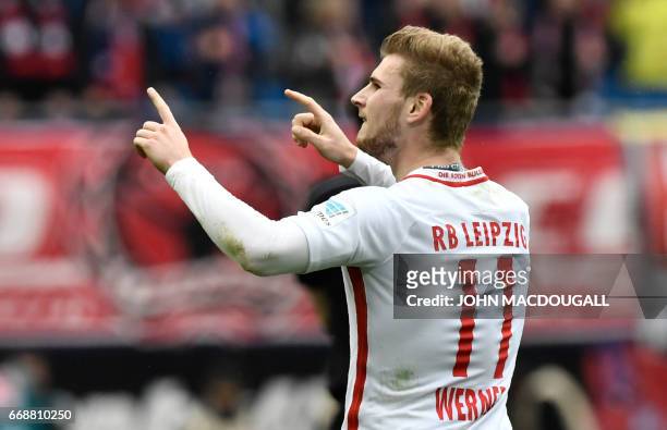 Leipzig's forward Timo Werner celebrates after scoring the second goal during the German First division Bundesliga football match between RB Leipzig...