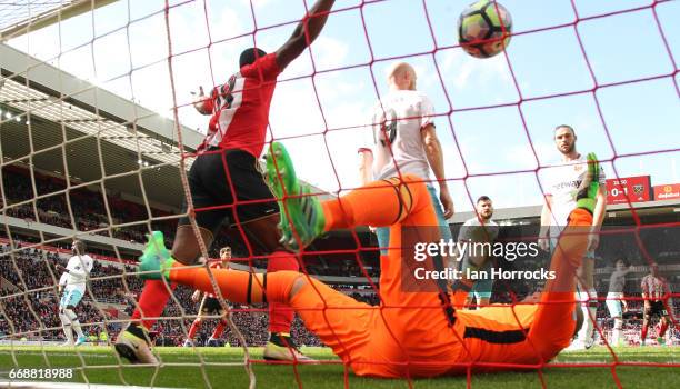 Victor Anichebe of Sunderland celebrates after Whabi Khazri scored direct from a corner during the Premier League match between Sunderland and West...