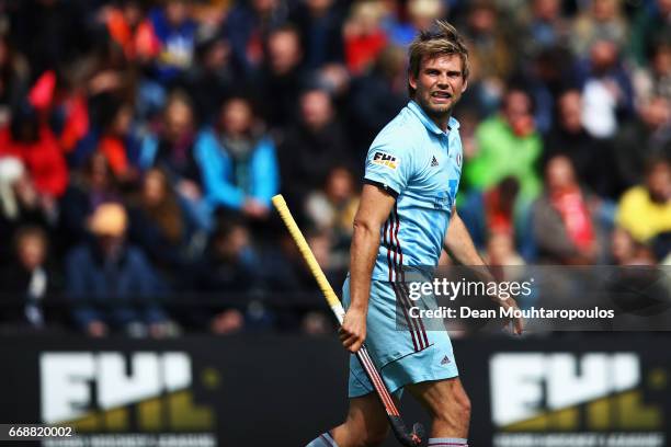 Moritz Furste of UHC Hamburg in action during the Euro Hockey League KO16 match between Wimbledon and UHC Hamburg at held at HC Oranje-Rood on April...