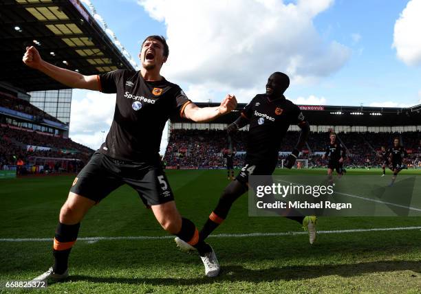 Harry Maguire of Hull City celebrates scoring his sides first goal during the Premier League match between Stoke City and Hull City at Bet365 Stadium...