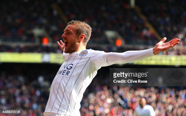 Jamie Vary of Leicester City celebrates scoring his sides second goal during the Premier League match between Crystal Palace and Leicester City at...