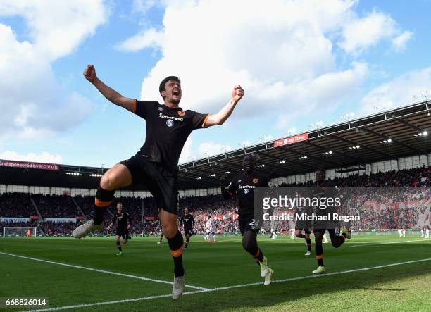 Harry Maguire of Hull City celebrates scoring his sides first goal during the Premier League match between Stoke City and Hull City at Bet365 Stadium...