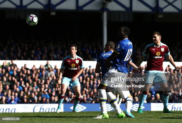 Phil Jagielka of Everton scores his sides first goal during the Premier League match between Everton and Burnley at Goodison Park on April 15, 2017...