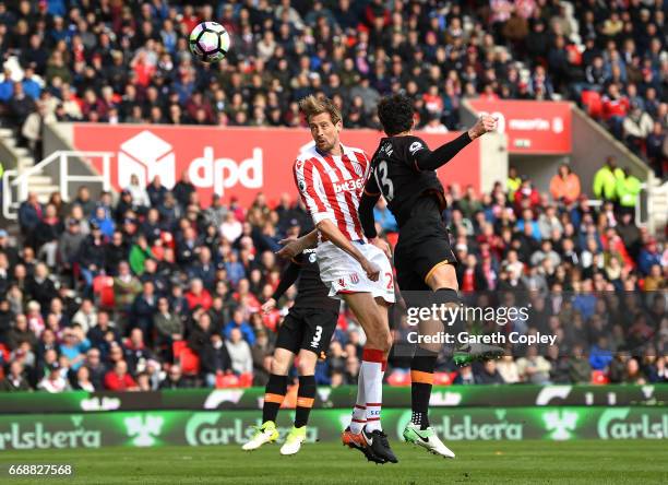 Peter Crouch of Stoke City scores his sides second goal during the Premier League match between Stoke City and Hull City at Bet365 Stadium on April...