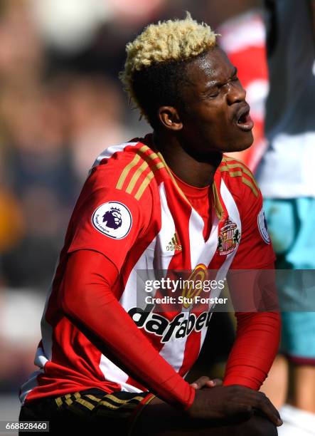 Dider N'dong of Sunderland reacts during the Premier League match between Sunderland and West Ham United at Stadium of Light on April 15, 2017 in...