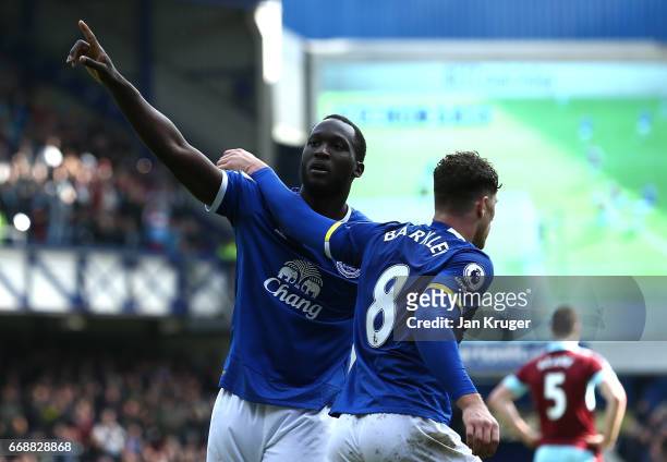 Romelu Lukaku of Everton celebrates scoring his sides third goal with Ross Barkley of Everton during the Premier League match between Everton and...