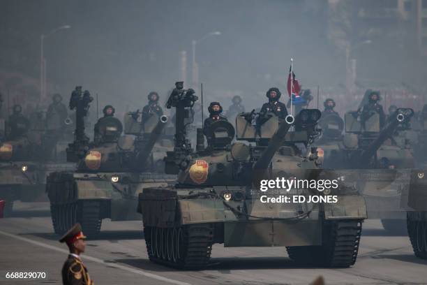 Korean People's Army tanks are displayed during a military parade marking the 105th anniversary of the birth of late North Korean leader Kim Il-Sung,...