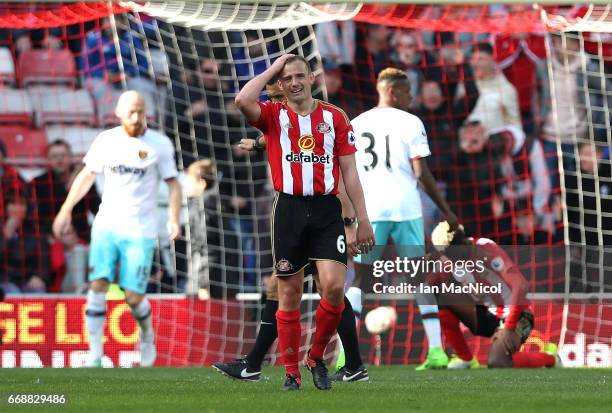 Lee Cattermole of Sunderland reacts during the Premier League match between Sunderland and West Ham United at Stadium of Light on April 15, 2017 in...