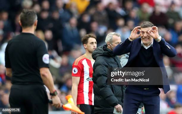 Slaven Bilic, Manager of West Ham United reacts during the Premier League match between Sunderland and West Ham United at Stadium of Light on April...