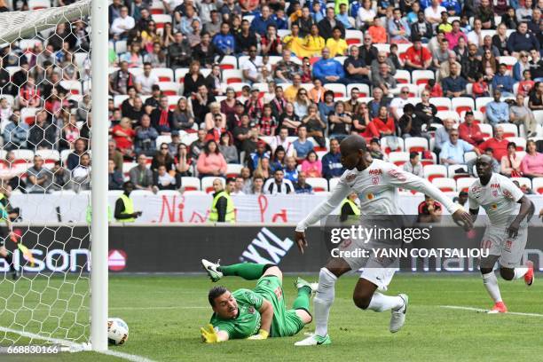 Nancy's French forward Junior Dale scores a goal during the French L1 Football match between OGC Nice and AS Nancy Lorraine at the Allianz Riviera...