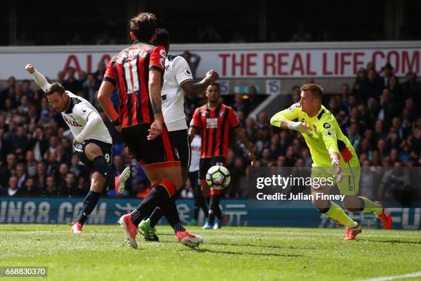 Vincent Janssen of Tottenham scores the fourth goal during the Premier League match between Tottenham Hotspur and AFC Bournemouth at White Hart Lane...