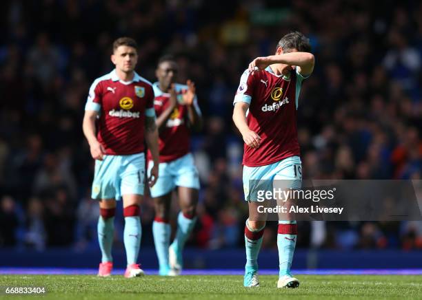 Joey Barton of Burnley is dejected after the Premier League match between Everton and Burnley at Goodison Park on April 15, 2017 in Liverpool,...
