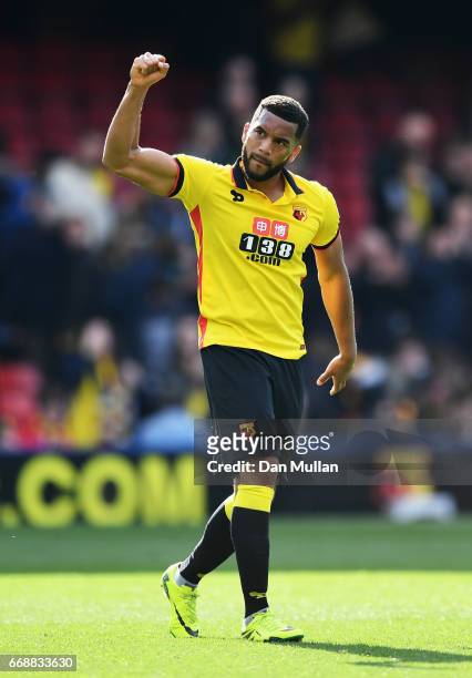 Adrian Mariappa of Watford shows appreciation to the fans after the Premier League match between Watford and Swansea City at Vicarage Road on April...