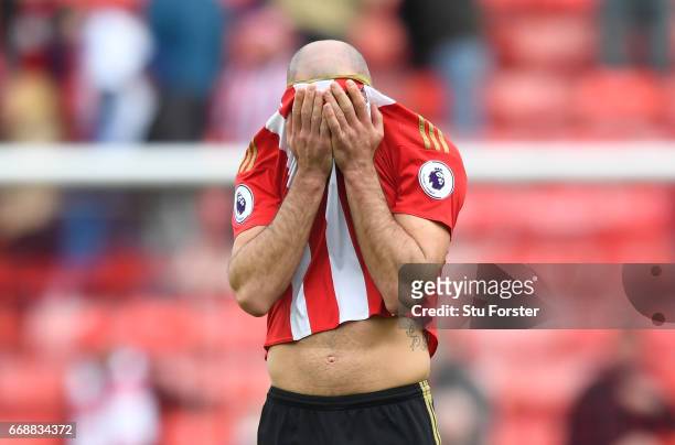 Darron Gibson of Sunderland reacts during the Premier League match between Sunderland and West Ham United at Stadium of Light on April 15, 2017 in...