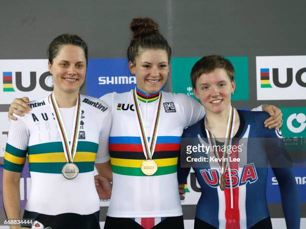 Ashlee Ankudinoff of Australia, Chloe Dygert of United States, and Kelly Catlin of United States pose with their medals after winning Women's...