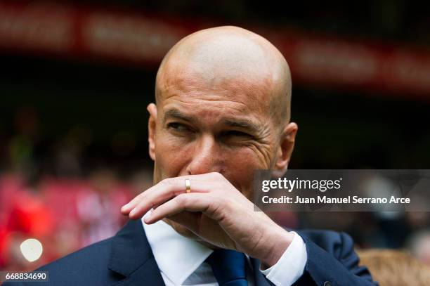 Head coach Zinedine Zidane of Real Madrid looks on prior to the start the La Liga match between Real Sporting de Gijon and Real Madrid at Estadio El...