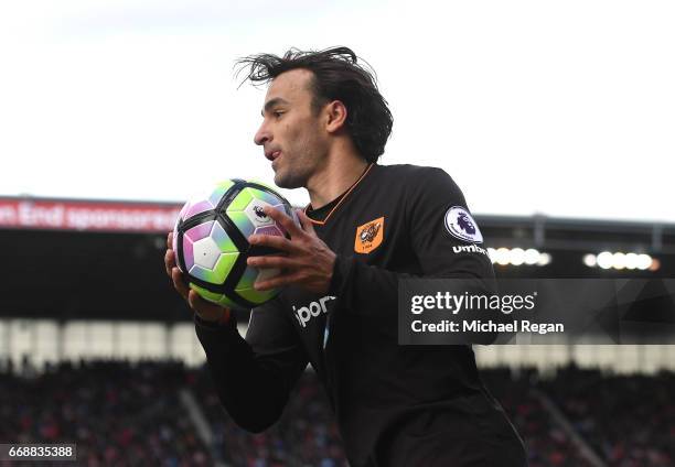 Lazar Markovic of Hull City holds the ball during the Premier League match between Stoke City and Hull City at Bet365 Stadium on April 15, 2017 in...