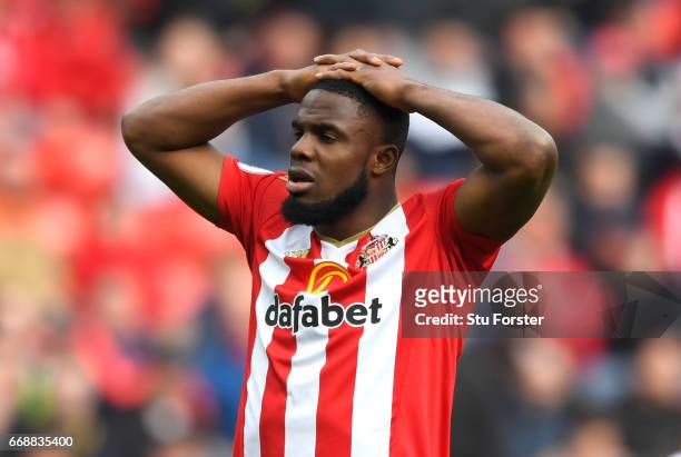 Victor Anichebe of Sunderland look dejected after the Premier League match between Sunderland and West Ham United at Stadium of Light on April 15,...