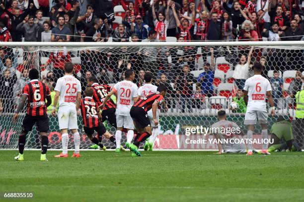 Nice's French forward Mickael Le Bihan reacts as he celebrates after scoring a goal during the French L1 Football match between OGC Nice and AS Nancy...